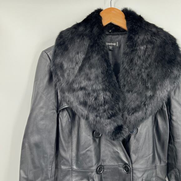 bebe Vintage Leather Jacket Removable Rabbit Fur Collar Black Size Large - Picture 9 of 9